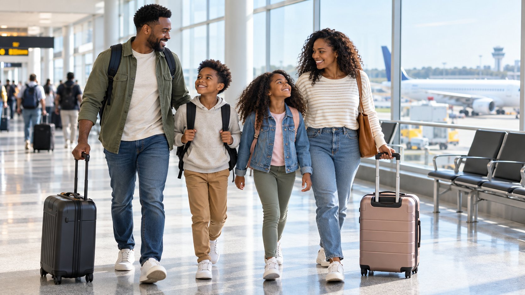 Illustration of a Black family preparing to travel together at an airport